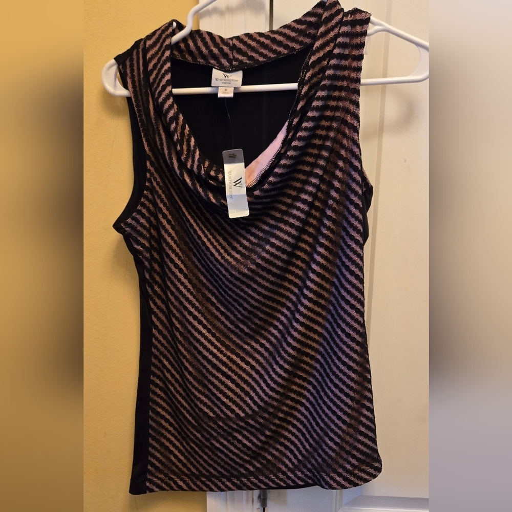 Worthington Womens Cowl Neck Pink and Black Sleeveless Top
